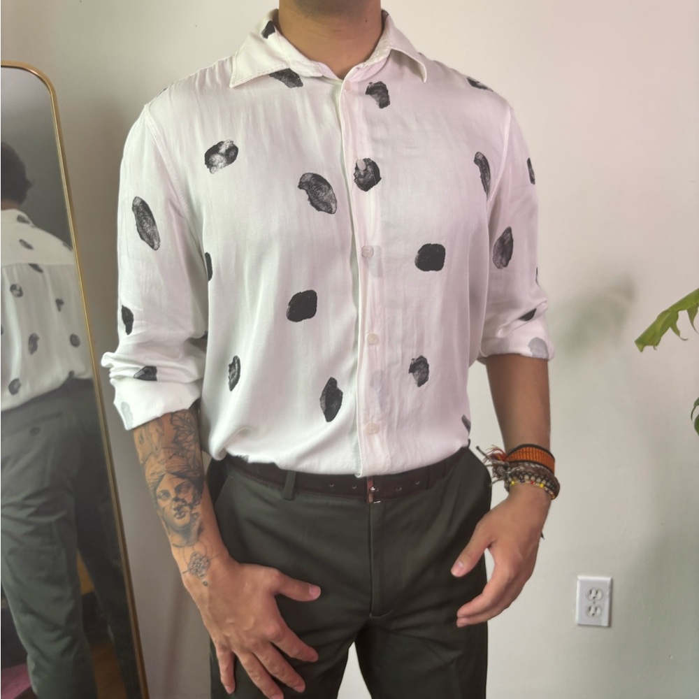Men's White and Black Polka Dot Button Up